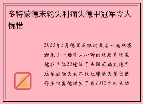 多特蒙德末轮失利痛失德甲冠军令人惋惜