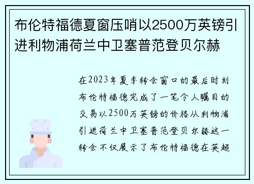 布伦特福德夏窗压哨以2500万英镑引进利物浦荷兰中卫塞普范登贝尔赫