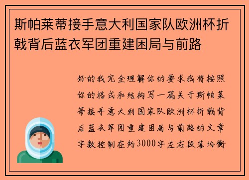 斯帕莱蒂接手意大利国家队欧洲杯折戟背后蓝衣军团重建困局与前路